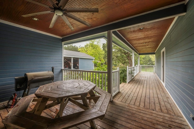 wooden deck featuring ceiling fan and grilling area