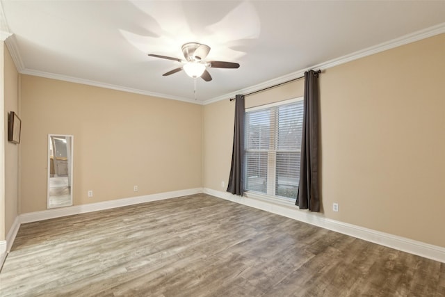 unfurnished room featuring crown molding, ceiling fan, and wood-type flooring