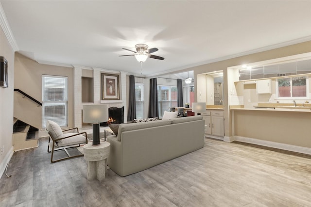 living room with ceiling fan, light wood-type flooring, ornamental molding, and a wealth of natural light