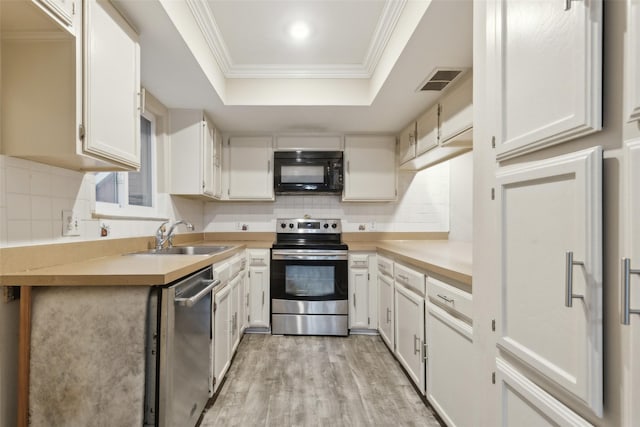 kitchen featuring a raised ceiling, sink, white cabinets, and appliances with stainless steel finishes