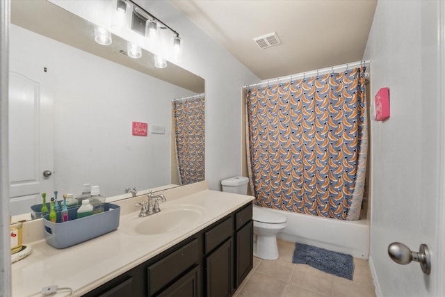 full bathroom featuring vanity, tile patterned flooring, shower / bathtub combination with curtain, and toilet