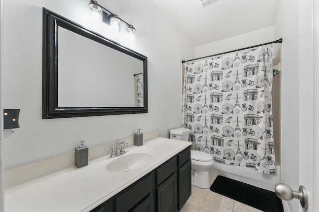 full bathroom featuring tile patterned flooring, shower / bath combo, vanity, and toilet