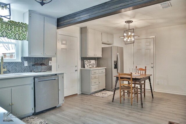 kitchen with tasteful backsplash, hanging light fixtures, stainless steel appliances, and sink