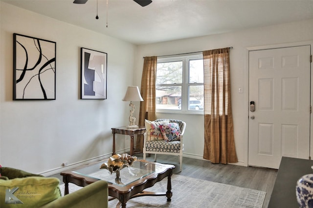 living area featuring ceiling fan and light hardwood / wood-style floors