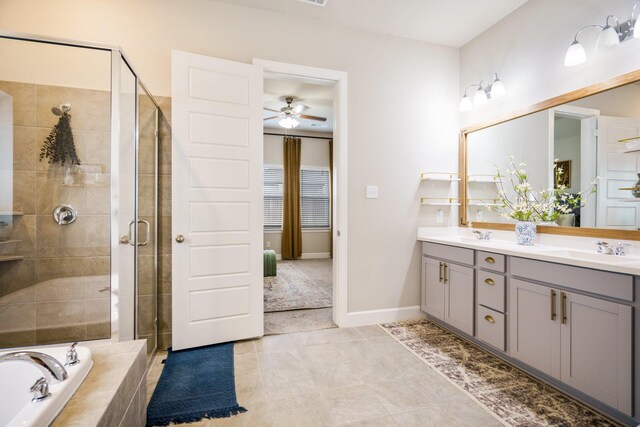 bathroom featuring ceiling fan, tile patterned flooring, vanity, and independent shower and bath