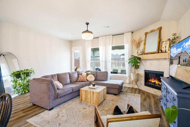 living room featuring a premium fireplace and light hardwood / wood-style flooring