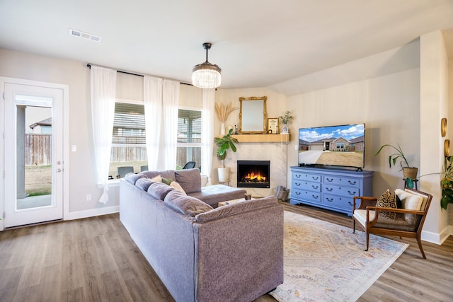 living room with light wood-type flooring and a premium fireplace