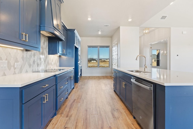 kitchen with sink, stainless steel dishwasher, and blue cabinets