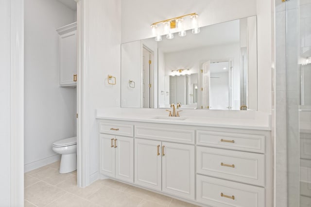 105 Bosal Ln, Weatherford, TX 76088 - bathroom featuring toilet, tile patterned floors, vanity, a shower with shower door, and baseboards