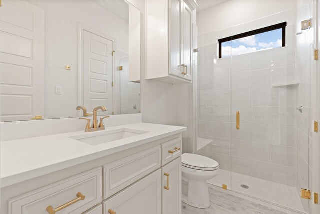 bathroom featuring a shower with door, toilet, and vanity