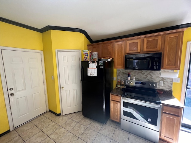 kitchen with backsplash, crown molding, light tile patterned floors, and black appliances