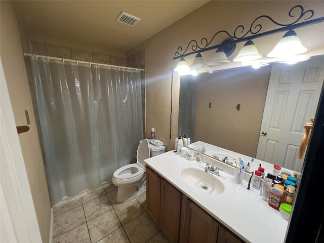 full bathroom with shower / bath combo, vanity, toilet, and tile patterned floors