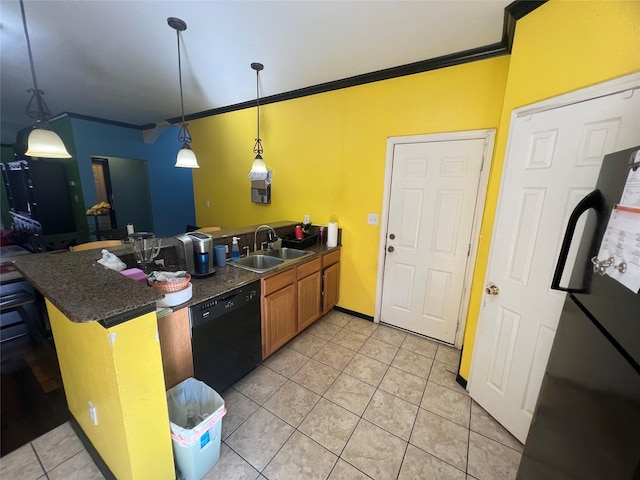 kitchen with dishwasher, sink, kitchen peninsula, crown molding, and pendant lighting