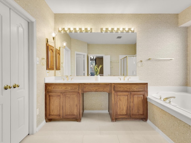 bathroom with tile patterned floors, vanity, and plus walk in shower