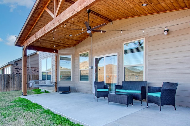 view of patio / terrace featuring ceiling fan and an outdoor living space