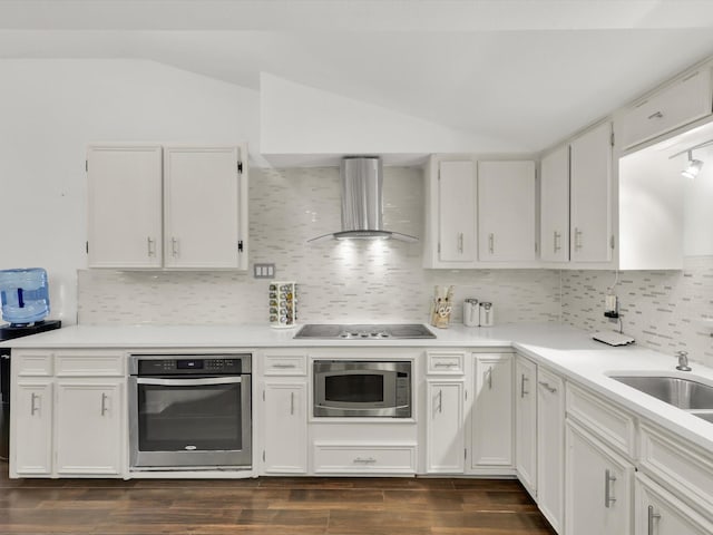 kitchen featuring appliances with stainless steel finishes, wall chimney exhaust hood, white cabinetry, and vaulted ceiling