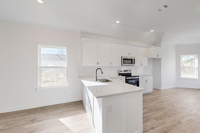 kitchen with kitchen peninsula, white cabinetry, sink, and appliances with stainless steel finishes