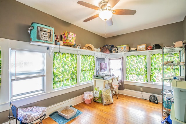 game room featuring a healthy amount of sunlight, ceiling fan, and light hardwood / wood-style flooring