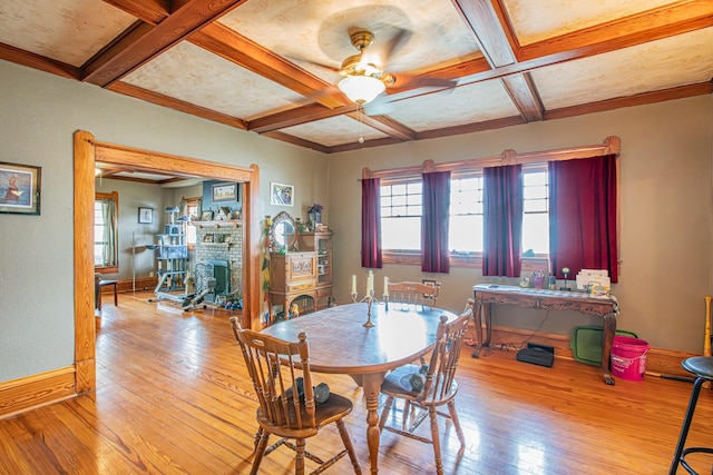 dining room with coffered ceiling, beam ceiling, and light wood-type flooring