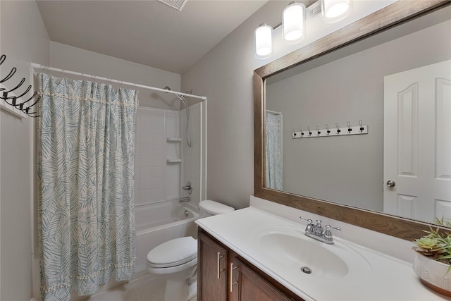 full bathroom featuring tile patterned floors, vanity, shower / bath combination with curtain, and toilet