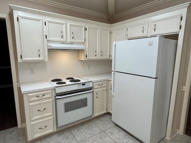 kitchen featuring light tile patterned flooring, under cabinet range hood, white appliances, white cabinets, and light countertops