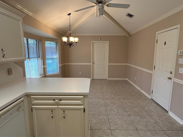 kitchen featuring ornamental molding, hanging light fixtures, white dishwasher, vaulted ceiling, and light countertops