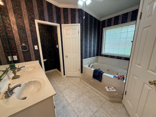 6420 Sand Hill Ave, Shreveport, LA 71107 - bathroom with ornamental molding, wallpapered walls, double vanity, tile patterned floors, and a jetted tub