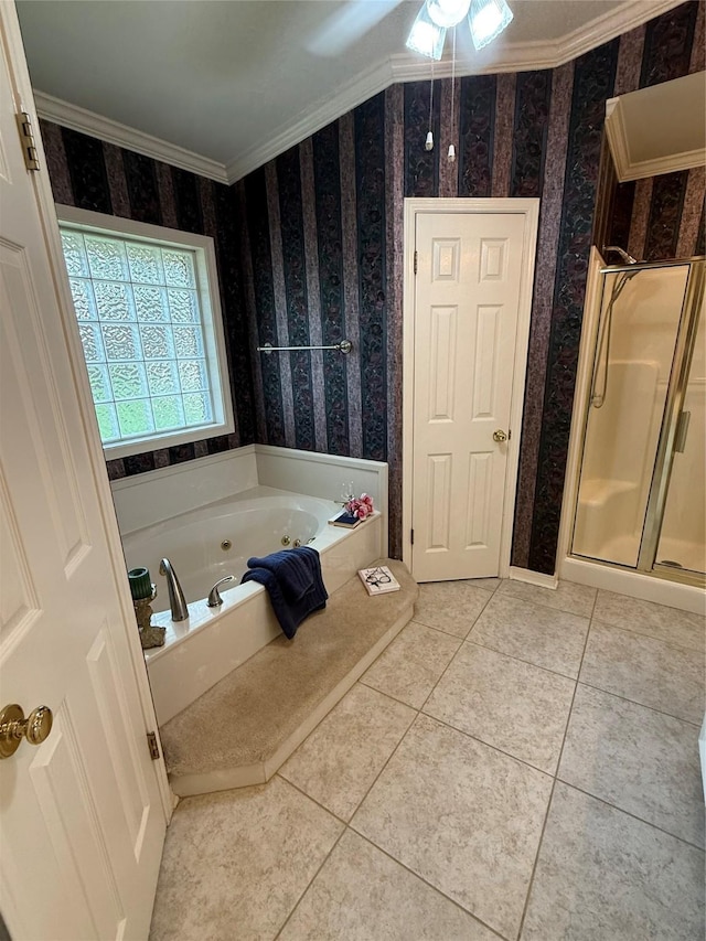 6420 Sand Hill Ave, Shreveport, LA 71107 - bathroom with a tub with jets, wallpapered walls, a stall shower, ornamental molding, and tile patterned floors