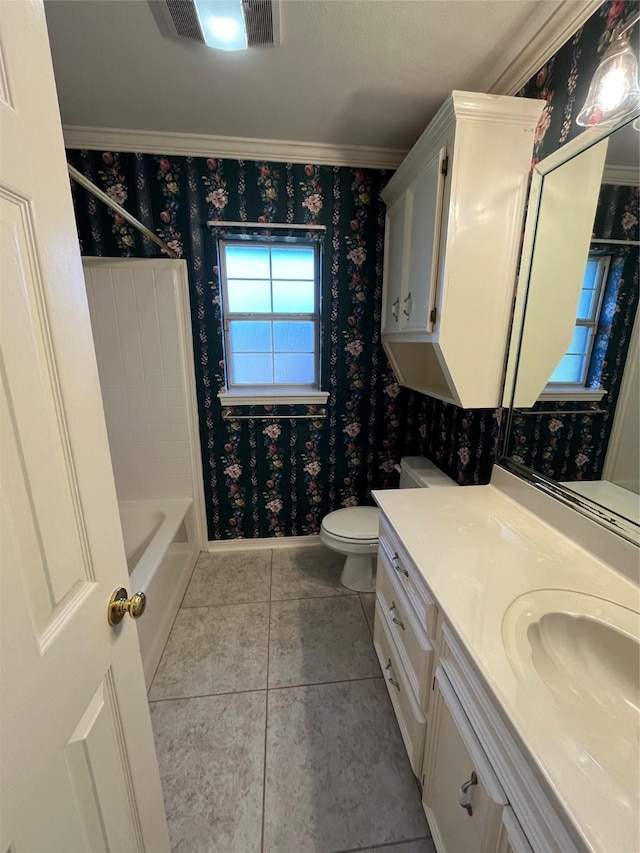 full bathroom with toilet, vanity, visible vents, shower / bathing tub combination, and wallpapered walls