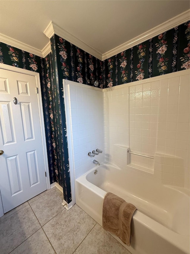 6420 Sand Hill Ave, Shreveport, LA 71107 - bathroom featuring crown molding, tile patterned flooring, a bathtub, baseboards, and wallpapered walls