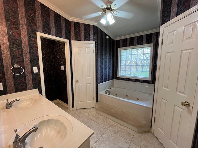 full bath featuring a sink, ornamental molding, tile patterned floors, a tub with jets, and wallpapered walls