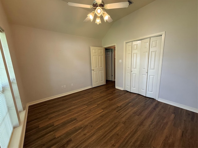 6420 Sand Hill Ave, Shreveport, LA 71107 - unfurnished bedroom featuring dark wood-style floors, lofted ceiling, baseboards, a closet, and ceiling fan