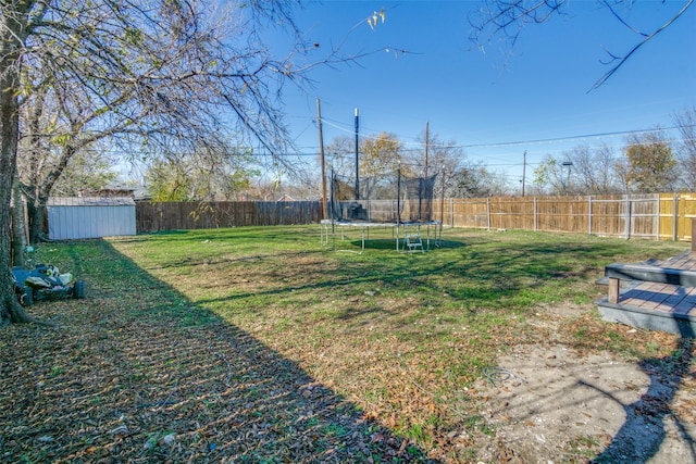 view of yard with a shed and a trampoline