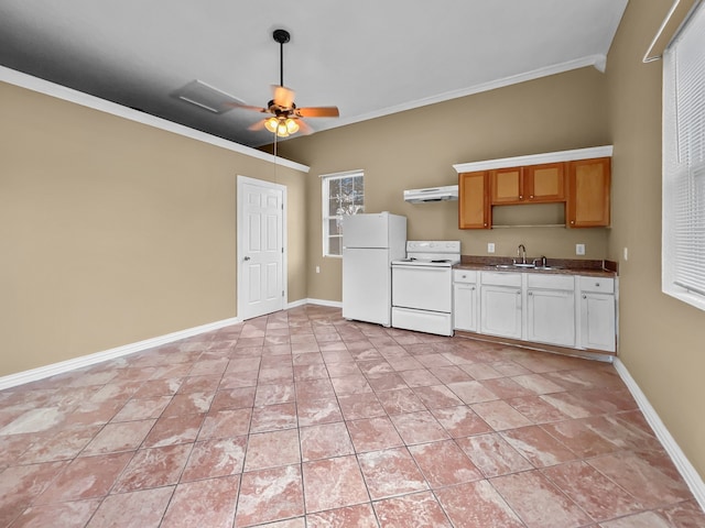 kitchen with white appliances, ceiling fan, exhaust hood, sink, and white cabinetry