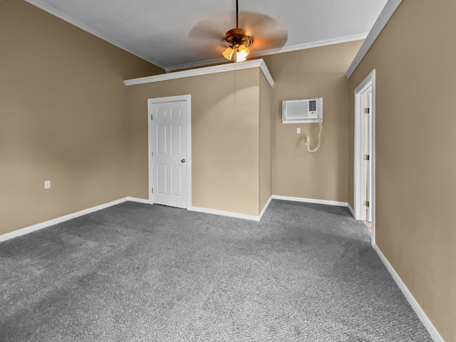 empty room featuring an AC wall unit, ceiling fan, dark carpet, and ornamental molding