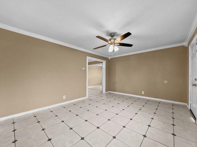 spare room with ceiling fan and crown molding