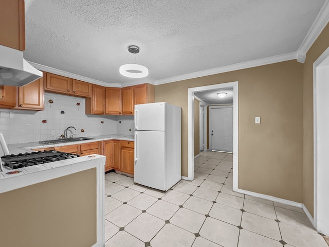 kitchen featuring sink, range hood, white refrigerator, backsplash, and crown molding