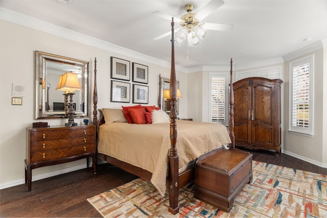 bedroom featuring ceiling fan, dark hardwood / wood-style flooring, and crown molding