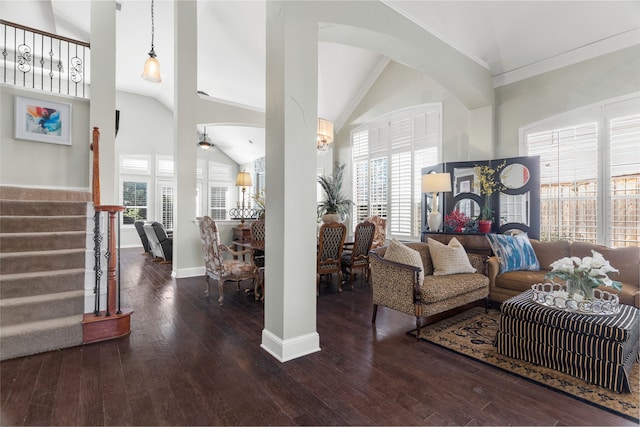 living room featuring high vaulted ceiling, ceiling fan, dark hardwood / wood-style flooring, and a wealth of natural light