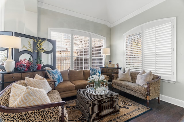 living room featuring a wealth of natural light and crown molding