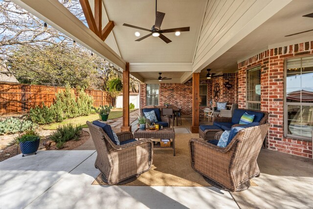 view of patio / terrace featuring an outdoor living space and ceiling fan