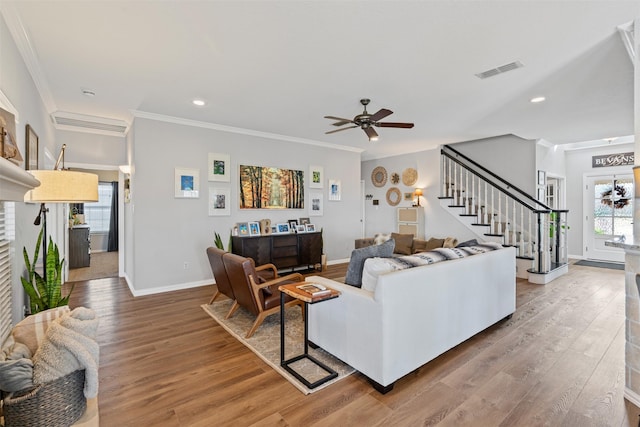 living room with ceiling fan, crown molding, and hardwood / wood-style flooring