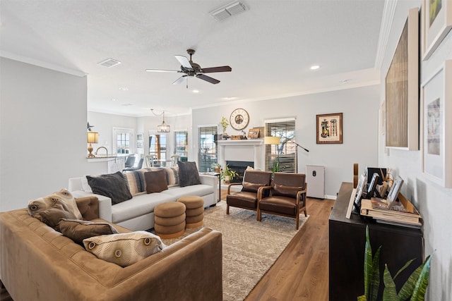 living room with wood-type flooring, ceiling fan with notable chandelier, and crown molding