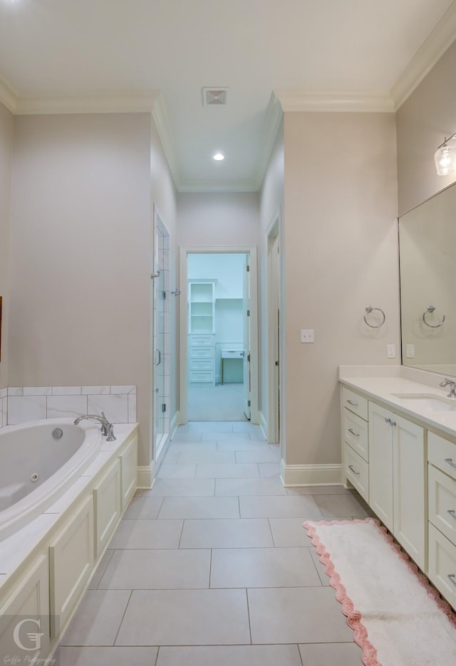 bathroom with vanity, tile patterned flooring, ornamental molding, and separate shower and tub