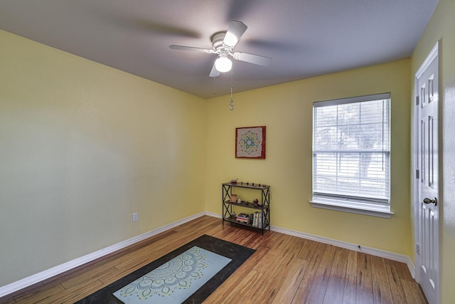 exercise area featuring ceiling fan and hardwood / wood-style flooring