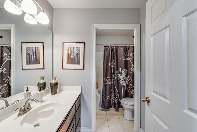 full bathroom featuring tile patterned flooring, vanity, shower / bath combination with curtain, and toilet