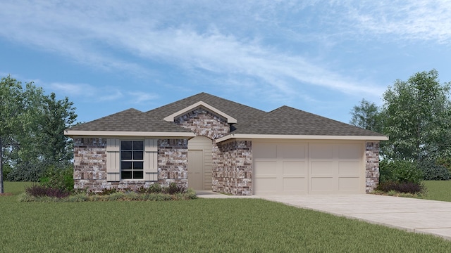 ranch-style home featuring a garage and a front yard