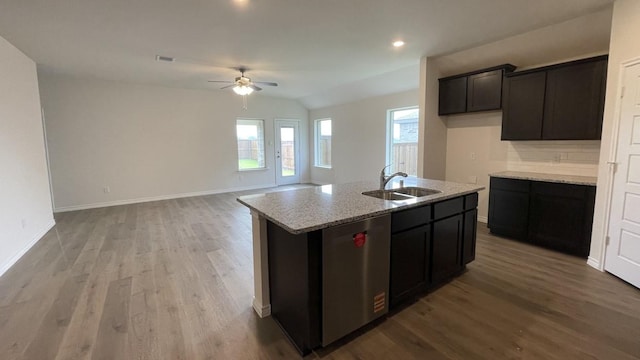 4219 Sky Dr, Sherman, TX 75090 - kitchen featuring a sink, stainless steel dishwasher, light wood finished floors, ceiling fan, and recessed lighting