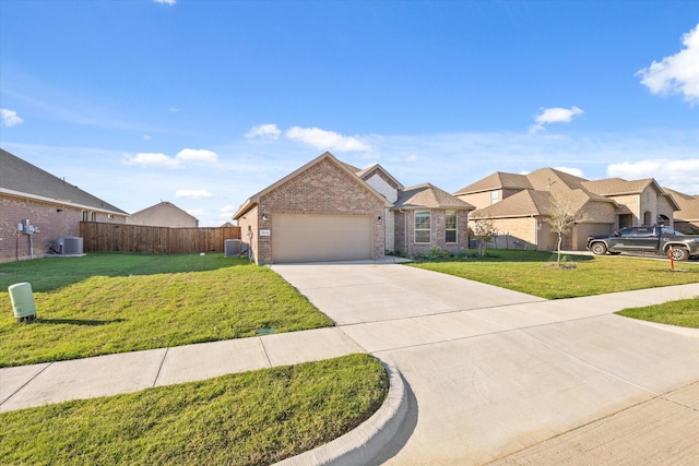 ranch-style house with cooling unit, a front lawn, and a garage