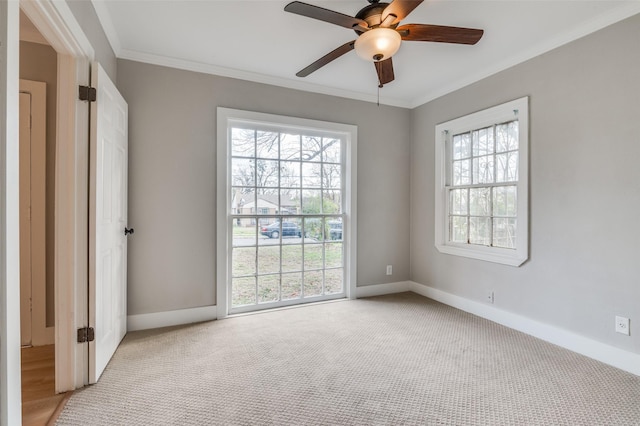 carpeted spare room with ceiling fan, a wealth of natural light, and crown molding